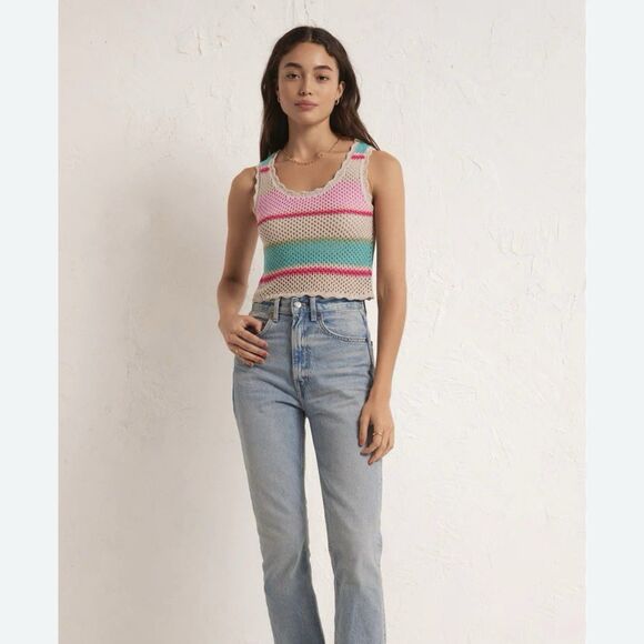 Z Supply Crochet Multi Striped Baby Cropped Sweater Tank Y2K Size S - Picture 1 of 7